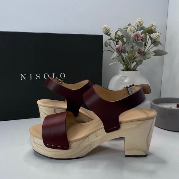 Nisolo Burgundy Leather Mules with Wooden Heel - Picture 9 of 13
